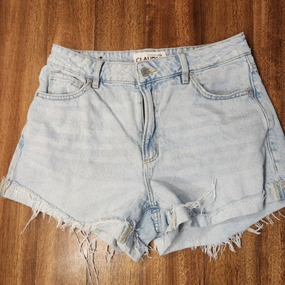 Dynamite Claudia Light‎ Wash High Waisted Frayed Hem Denim Shorts Blue